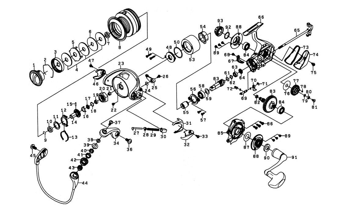 Механизм сброса  daiwa certate 10 3000 деталь на схеме под номером 24, 25, 26, 27, 28, 29, 30