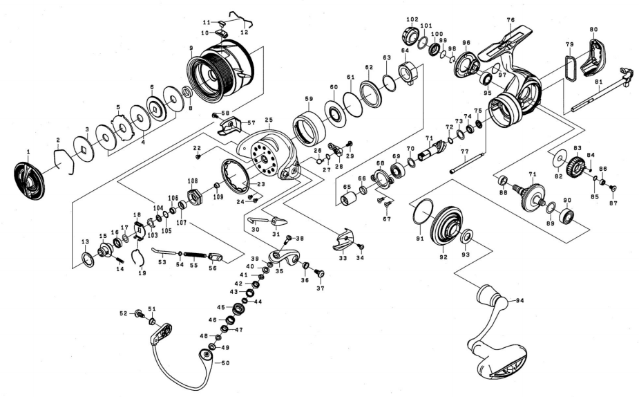 Механизм сброса daiwa luvias lt 20 3000s-cxh деталь № 26-31, 53-56